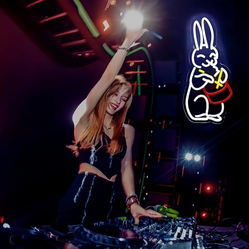 Image of Rabbit Play Drum Music Neon Sign Bunny LED Neon Light Up Sign for Music Room Wall Decor Window Lights Holiday Gift 7.8 inchx15.6 inch