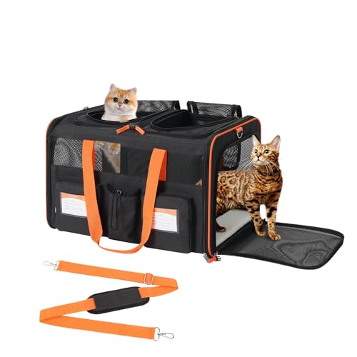 pidipiti 22''(L) x 16''(W) x 14''(H) Large Double pet Carrier for 2 Small-Medium Cats and car Travel,with a Removable Divider,Large Loading top,4 Pockets and Zipper Locks.