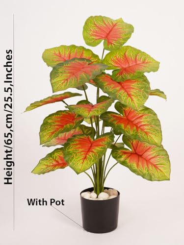 Image of ARICK Decor 2.1Ft Artificial Caladium Plant with 18 Leaves, 65cm Tall Faux Tropical Red & Green Potted Tree in Black Pot, Realistic Large Silk Heart-Leaf Fake Plant for Living Room,