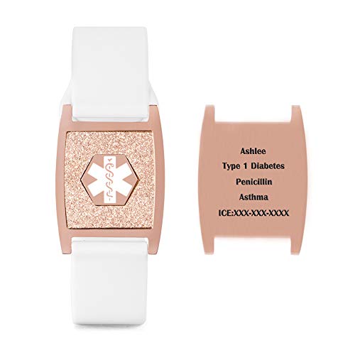Silicone Medical Alert ID Bracelets White Sport Wristband with Rose Gold Tag Medical Emergency Awareness Bracelet for Women and Girls 6-8.5 inches Adjustable (Free Engraving)