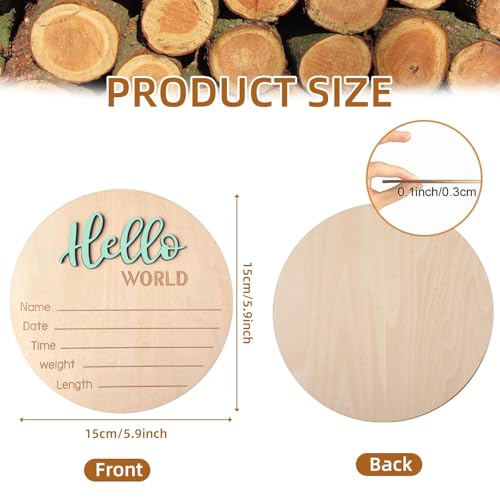 Image of Baby Announcement Sign, 5.9 Inch Wooden Hello World Newborn Signs, Birth Announcement Sign, Baby Shower Hospital Nursery for Newborn Boys and Girls (Spark Green)