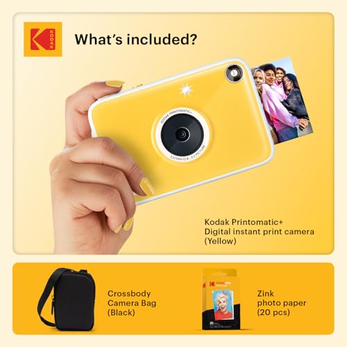 Image of Kodak Printomatic+ Instant Print Digital Camera Starter Bundle + Carrying Case + Zink 20pk Sticky-Back Photo Paper - 10MP, Full-Color Photos, GB LED Status Indicator - Yellow