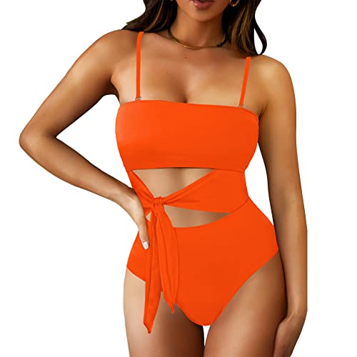 Image of Viottiset Women's Bandeau One Piece Swimsuit Strapless Tie High Cut Out Bathing Suit