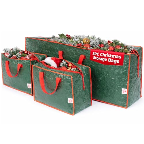 Christmas Village Set of 3 Christmas Storage Bags - 7ft Christmas Tree Storage Bag and 2 Decoration Storage Bags with Handles - Durable Xmas Storage Bag for Lights, Tinsel, Wreath (Green)