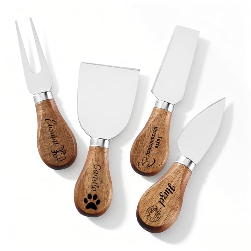 Set de 4/6 Couteaux à Fromage & Charcuterie Personnalisés, Gravés sur Mesure Nom/Date/Logo, Manche en Bois d'Acacia, Idéal pour Plateau de Fromage & Cadeaux Uniques (4 Couteaux À Fromage)