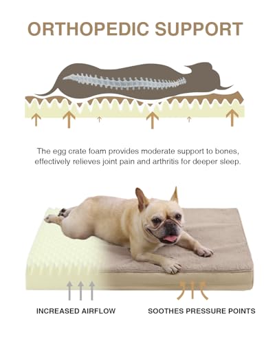 Image of KSIIA Orthopedic Dog Bed for Medium Dogs with Waterproof Lining,Khaki,29x18 | Deluxe Soft Plush Dog Crate Bed, Washable Pet Mat with Removable Cover & Egg Crate Foam for Medium Dogs Sleeping & Relaxing