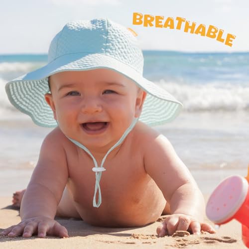 Image of HONGTEYA Baby Sun Hat Toddler Girl Beach Hat Sun Protection Adjustable Outdoor Summer Wide Brim Bucket Hat for Infant Kids