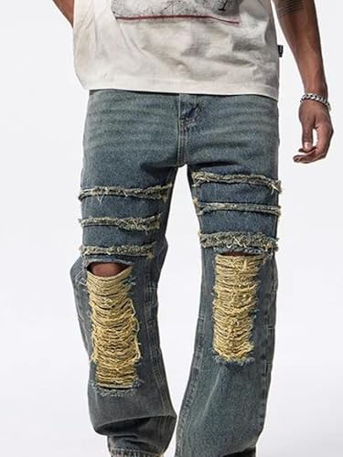 Men’S Retro Loose Straight Patchwork Denim Trousers Slim Fit Button Fly Distressed Stone Washed Full Length Jeans2