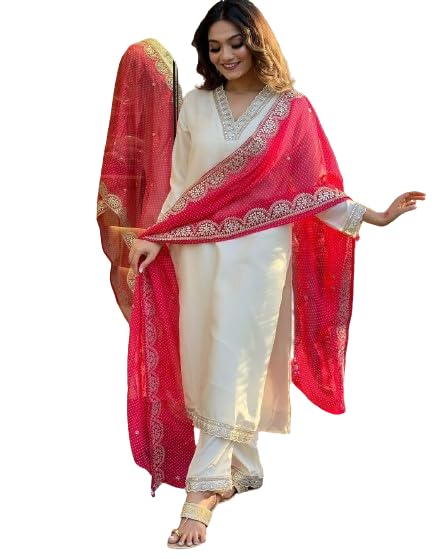ROYALICA Women's Georgette Kurti Pant Organza Bandhini Dupatta Set