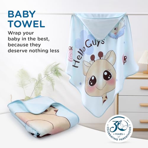 Image of Mee Mee Hooded Baby Bath Towel for New Born | Wash Cloth, Quick Absorbent, Can be Used for Baby Swaddling, Extra Soft Cotton Towels for Kids /Toddlers /Infants /Babies, Pack of 1, (Blue Animals) 80X80 CM