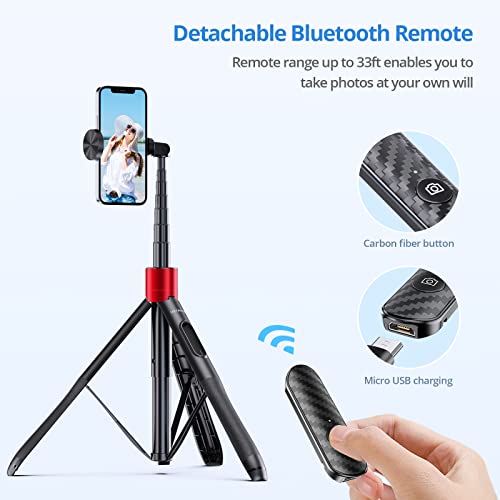 Image of ATUMTEK 60 inch Selfie Stick Tripod, All in One Extendable Phone Tripod Stand with Bluetooth Remote 360 Rotation for iPhone and Android Phone Selfies, Video Recording, Vlogging, Live Streaming, Red