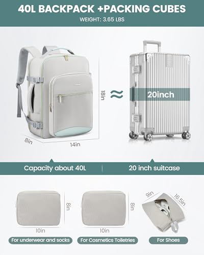Image of LOVEVOOK 40L Travel Backpack Flight Approved Carry on Backpack,3 Packing Cubes,Waterproof Personal Item Travel Bag,TSA Carry on Luggage Suitcase Travel Essentials,Gifts for Women & Men,fits 17 inch Laptop