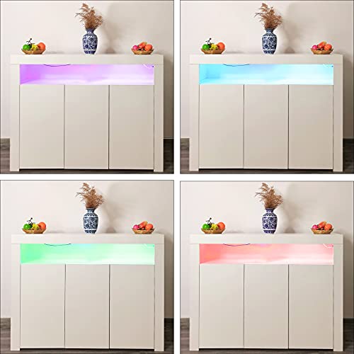 Buffet Sideboard,16 Colors LED Sideboard, Modern High Gloss Sideboards Buffets with Storage Cabinet, White Storage Cabinet with 3 Doors, for Hallway, Dining Room, Living Room