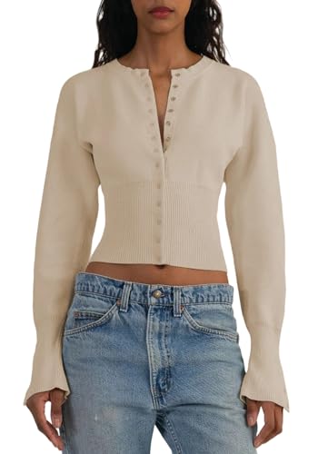 NRTHYE Womens Ribbed Knitted Crop Sweaters Button Down Long Sleeve Lightweigh Casual Short Cardigan Sweater Tops