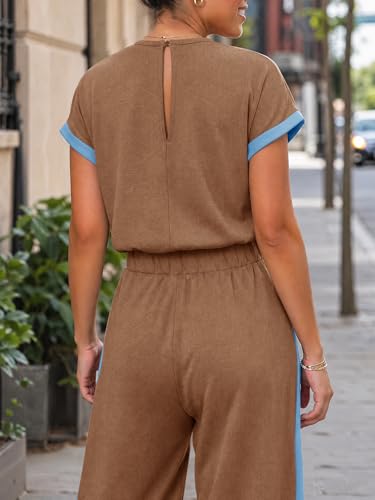 Fisoew Women One Piece Jumpsuits Wide Leg Pants Short Sleeve Dressy Workout Romper Overalls Airport Vacation Travel Outfits — view 3