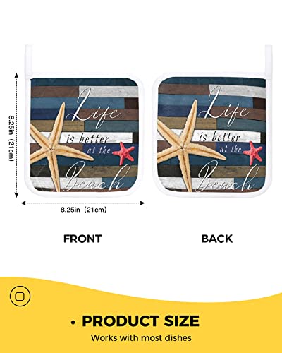 Kitchen Potholder Set Of 2,Ocean Starfish Blue Vintage Wood Board Pot Holders Heat Proof Hot Pad,Nautical Beach Brown Wooden Grain Potholders Washable Oven Hot Pads Terry Cloth For Cooking Baking #TOP2