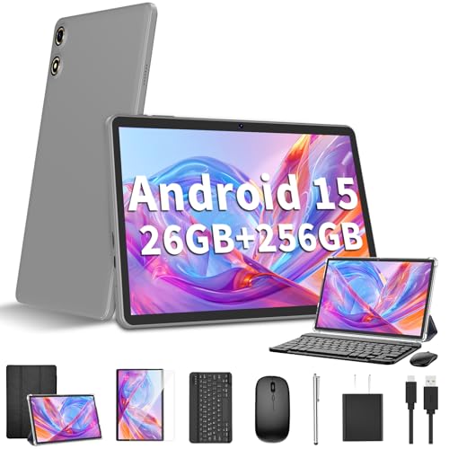 JJGJ Android 15 Tablet 10 Inch, 26GB RAM+256GB ROM/2TB Expandable, 2 in 1 Tablets with Keyboard Case Mouse Stylus, 2.0GHz Octa-core CPU, IPS HD Screen, 5G WiFi BT 5.0, 8000mAh Battery (Black Case)