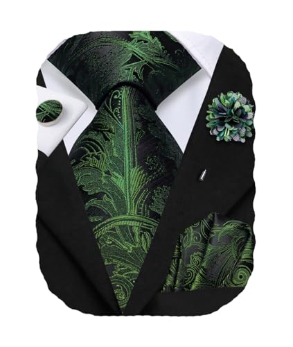 Hi-Tie Mens Green and Black Silk Paisley Tie Pocket Square Cufflinks Set