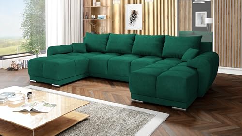 Easy4You Honey U-Shape 362 x 85 x 183 cm with Sleep Function and Storage Space - Sofa Bed with Bed Box and Cushions - Modern Living Room Furniture - Fabric: Monolith Green (MO-37)