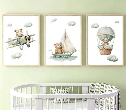 3 Affiche Ours Bébé 30X40CM Poster Ourson Bebe Vert Tableau Nounours Toile Decoration Murale Enfant Affiche Nounours Chambre Bebe Fille Garcon Poster Deco...