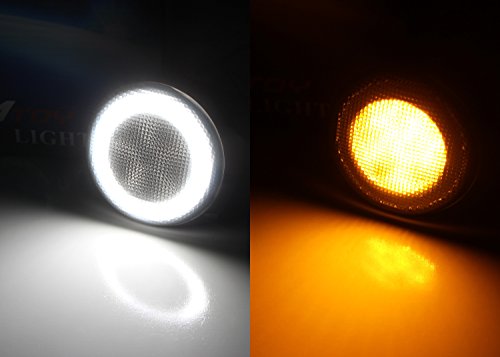 Image of iJDMTOY Smoked Lens LED Driving /DRL Turn Signal Lamp Assembly Compatible With Jeep 2007-17 Wrangler (White LED Halo Ring as Parking /Driving /DRL Lights & Amber LED Center Light as Turn Signals)