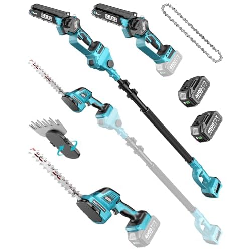 SEESII 6-in-1 Cordless Pole Saw & Hedge Trimmer Combo, Electric Mini Chainsaw with 2×4.0 Ah Batteries, Extendable Tree Pruner, Bush Trimmer Limb Branch Cutter, Grass Shears, 15Ft Long Reach 