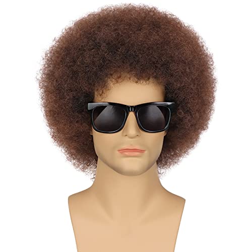 G&T Wig Afro Wig for Men 70s 80s Short Curly Brown Rocker Party Disco for Halloween Costume Cosplay Synthetic Funny Wigs(Dark Brown)