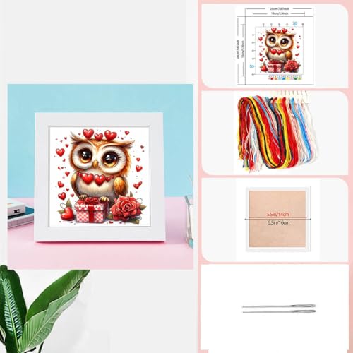 Image of Zhenqing Valentine's Day Cross Stitch Kit for Adults - Stamped Red Heart Rose & Owl Floral Embroidery | 11CT 7.87 inchx7.87 inch DIY Craft with Thread, Fabric | Gift for Couples 68782
