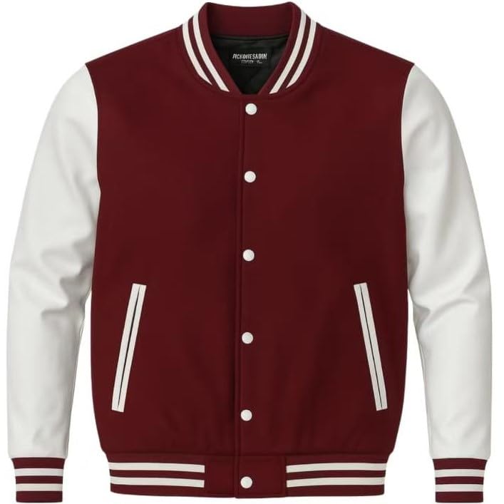 Men's Original Solid Buttoned Varsity Leathered Two Toned Warm Winter Jacket