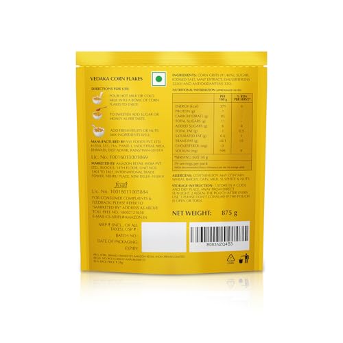 Image of Amazon Brand - Vedaka Corn Flakes | 875 G | Contains 91.46% of Corn | Crispy | Classic Breakfast Favorite | No Added Preservatives