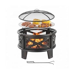 Relaxdays Feuerschale, Ø 66 cm, mit Grillrost, Funkenschutz & Schürhaken, Feuerstelle Garten, Feuerkorb, schwarz/Bronze
