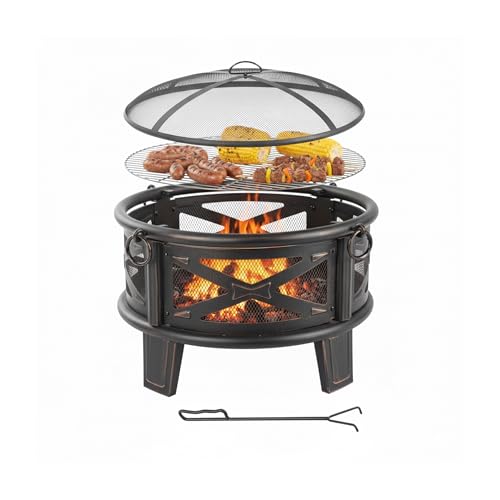 Relaxdays Feuerschale, Ø 66 cm, mit Grillrost, Funkenschutz & Schürhaken, Feuerstelle Garten, Feuerkorb, schwarz/Bronze
