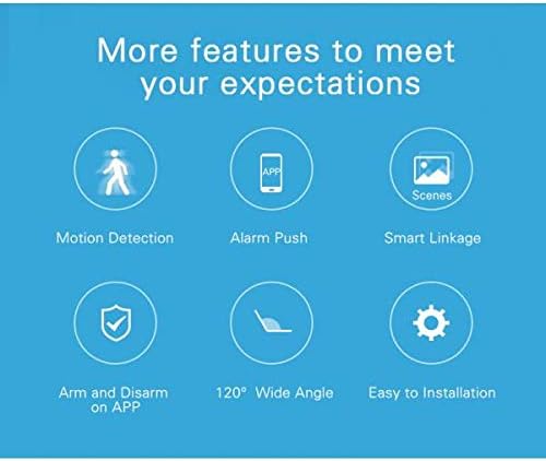 More feature icons including Motion Detection, Alarm Push, Smart Linkage, Arm and Disarm on APP, 120 degree Wide Angle, Easy to Installation.
