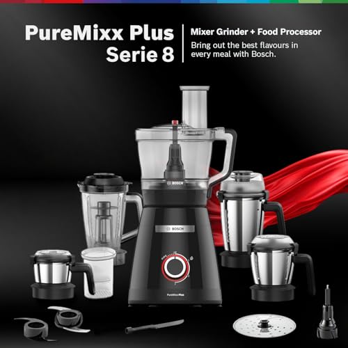 Bosch PureMixx Plus 800W | Mixer Grinder + Food Processor | 5 Jars | 40+ Functions | Atta Kneading, Chopping, Slicing | Coarse Grinding | Hands Free Operation | 7 Year Motor Warranty (MP8515A1KI) view 2