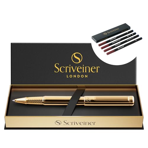 Scriveiner Gold Rollerball Pen - Stunning Luxury Pen, Real Gold Plating bundle with Rollerball Refill Black Fine - 4 Refills in one box