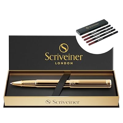 Scriveiner Gold Rollerball Bundle - Stunning Luxury Pen with Real Gold Plating, 4 Blue Rollerball Refills Medium Point