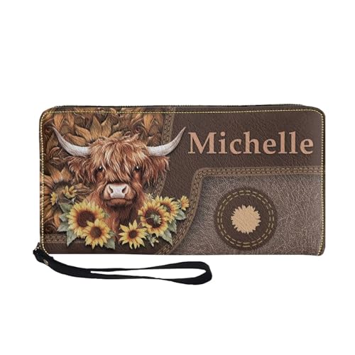 Tuoxiukan Personalized Name Wallets for Women PU Leather Highland Cow Wristlet Wallets with Zipper Mens Slim Minimalist Wallet Phone Case Cash Organizer Sunflower Customized Gifts for Girlfriend Wife