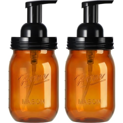 Amolliar Plastic Mason Jar Foaming Soap Dispenser Pump Lid, 16oz Foam Soap Dispenser with Cute Lables - Amber Refillable Hand Soap Dispenser for Bathroom Kitchen Shower (2 Pack, Black)