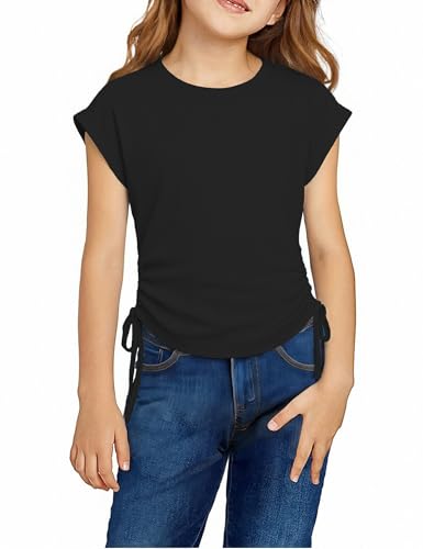 Image of Arshiner Girls T-Shirts Extended Shoulder Kids Summer Short Sleeved Tops Cotton Shirt Round Neck with Drawstring Tshirts for Girls 8-9 Years Black