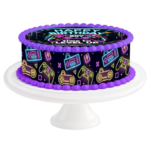 Tortendeko Essbar Gamer Neon,Ø 20cm Tortenaufleger Gamer, mit Tortenband Game 4 Stück á 24cm x 5cm,Tortenaufleger Gaming,Kreative Tortendekoration,Geburtstagstorte für Jungen,Tortenau Decoration Foto