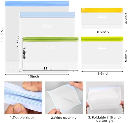 SPLF 10 Pack Stand-Up Reusable Quart Freezer Bags Dishwasher Safe, Extra Thick Leakproof 1 Quart Food Storage Bags, BPA Free Bags for Meal Prep, Sandwich, Snack, Fridge Organization - Thumbnail 5