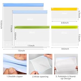 SPLF 10 Pack Stand-Up Reusable Food Storage Bags Dishwasher Safe, BPA Free Reusable Freezer Bags, Extra Thick Leakproof for Meal Prep, Sandwich, Bread, Veggies - 3 Gallon 4 Quart 3 Snack