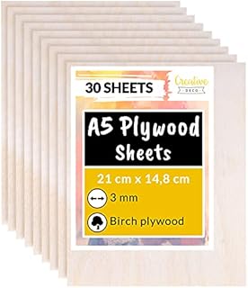Creative Deco 30 x A5 Plywood Sheets | 148 x 210 x 3mm Baltic Birch Wood Ply | Perfect Board for Wood Board DIY Home Decor, Arts, Craft, Painting, Laser Cutting, CNC, Scroll Saw, Stenciling Pyrography