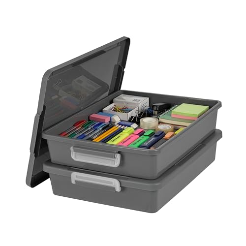 IRIS USA 6 Qt. Plastic Craft Storage Container Bins with Lids, 2 Pack, Small Art & Office Supply Organizer Tote, Sensory Bins & Boxes for Home & University, Stackable, Secure Latch Buckles, Gray