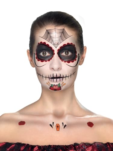 Smiffys Make-Up FX, Day of the Dead Kit, Aqua, Red Transfers, Face Paints, Crayon & Applicators, Cosmetics and Disguises Fancy Dress, Halloween Dress Up Cosmetics & Disguises.