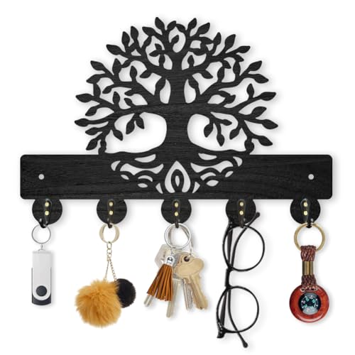 MAYJOYDIY Wooden Tree of Life Key Hook Wall Mounted Botanical Theme Key Hangers 30×20cm Leaf Roots Black Art Coat Rack for Wall with 5 Alloy Hooks for Entryway Bedroom Living Room