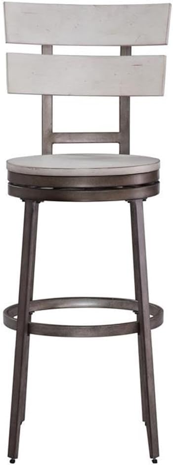 BOWERY HILL Contemporary Metal Swivel Bar Stool, Distressed White Finish, Solid Wood Seat and Back, 30-Inch Height, Powder Coated Frame, Adjustable Floor Glides, Rustic Charm for Kitchen or Bar Use