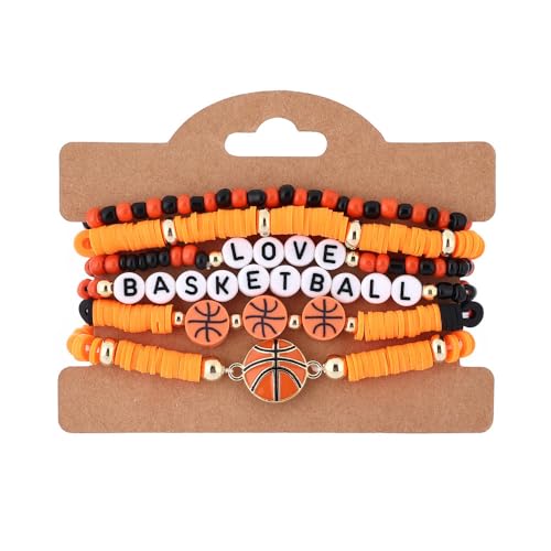 Pingyongchang Game Day Stackable Beaded Bracelets for Women Sports Fan Charm Bracelet Adjustable Heishi Clay Stretch Bangles Football Mom Accessories Holiday Gifts-Basketball D - Thumbnail 2