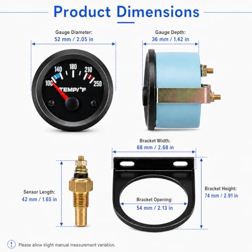 Image of Universal 2 inch 52mm Water Temp Gauge, Red | 100-250℉ Range, LED Backlight, DC 12V, Includes Sensor, For Car Boat Marine Truck Motorcycle