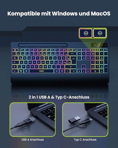 Miniatura 3 de Seenda Teclado Con Cable Iluminado, Teclado Ergonómico Con Soporte Para Teléfono Móvil Y Reposamuñecas Para Pc Tableta Smarthandy Windows Mac, Cable Usb Y Tipo C, Clic Silencioso, Diseño Qwertz, Color